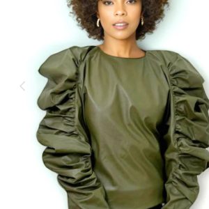 Olive Faux Leather Top with Gathered Sleeves